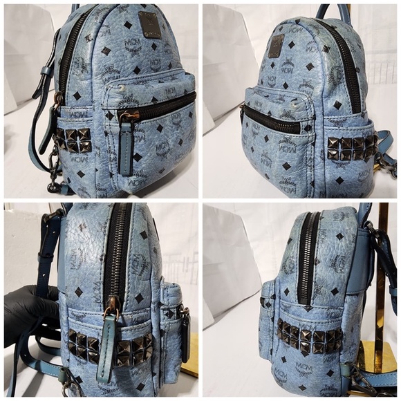 Authentic MCM Visetos Side Stud X-Mini Stark Bebe Boo Backpack Blue - Picture 6 of 13